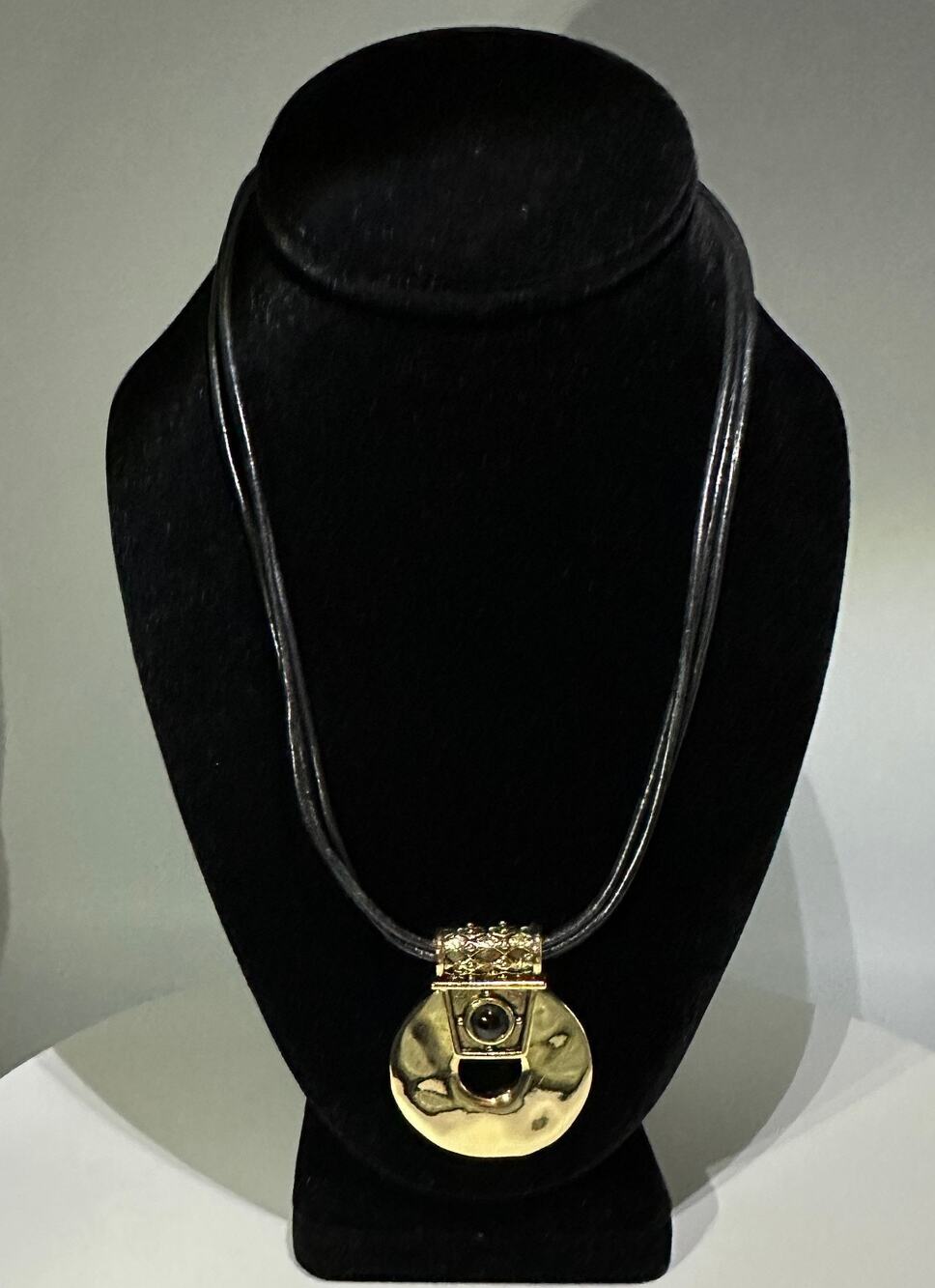 Chico’s Gold Tone Round Medallion Triple Strand Cord Necklace